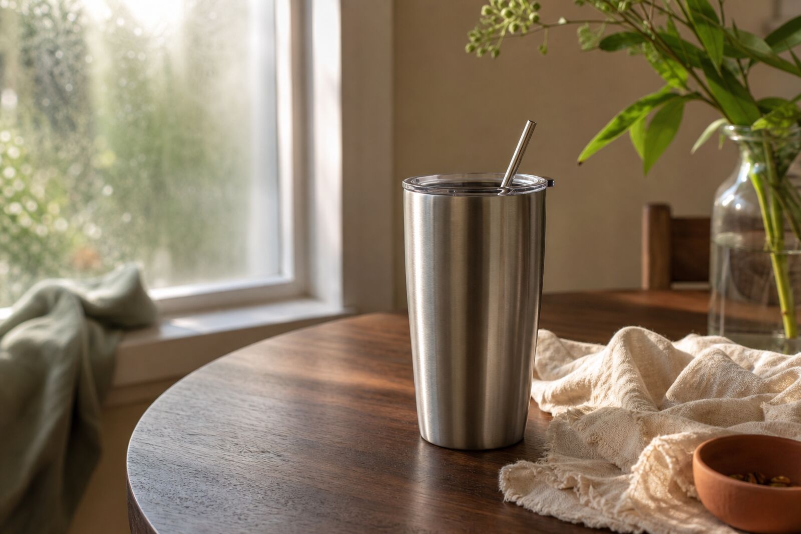 A modern insulated steel tumbler on a kitchen table by a window