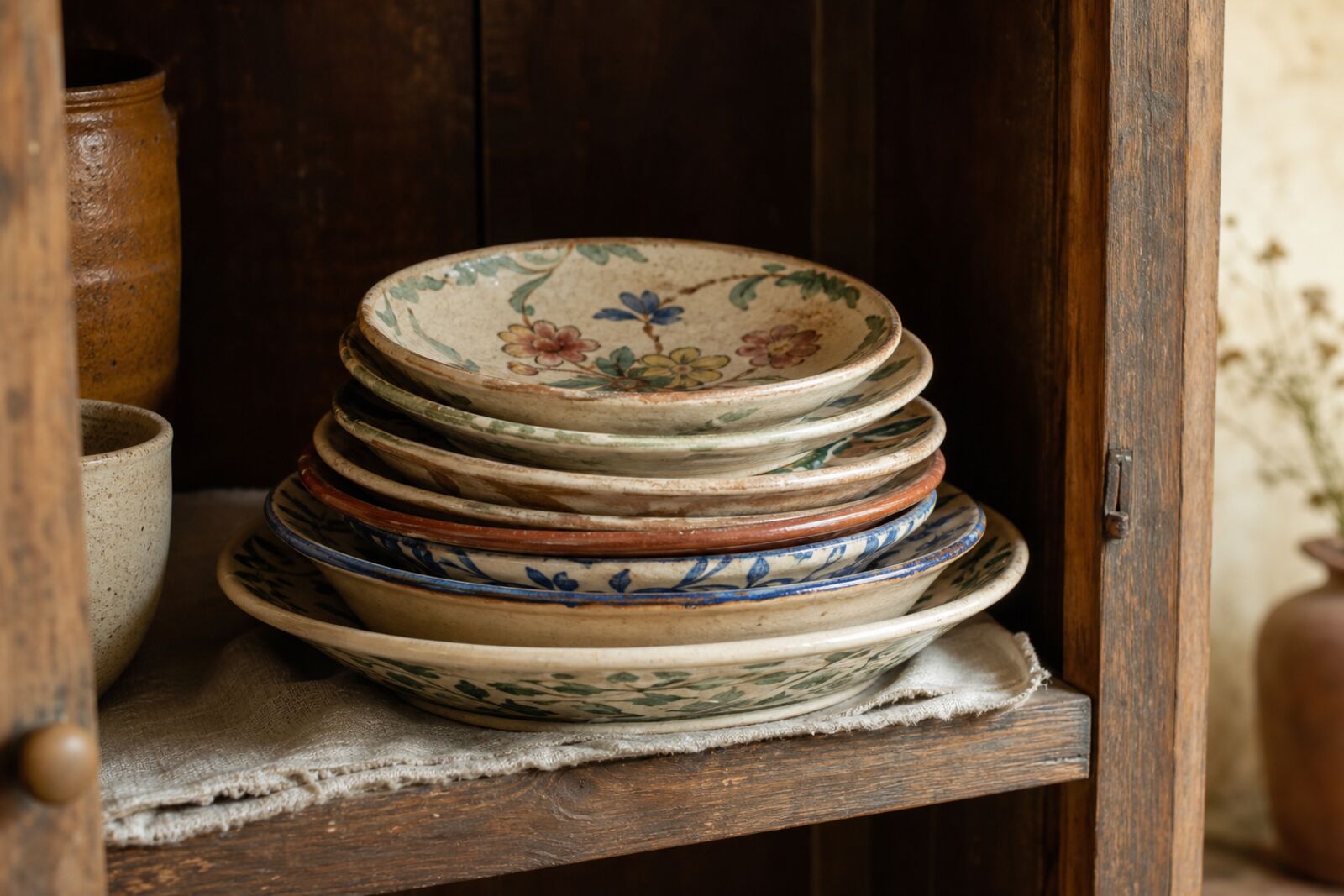 Colorful vintage hand-painted ceramic dishes stacked in an old cupboard