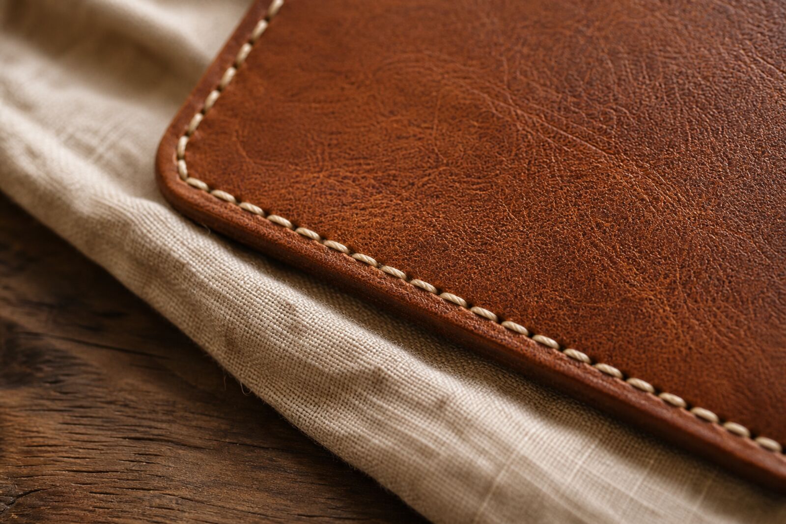 Close-up of natural leather grain and saddle stitching