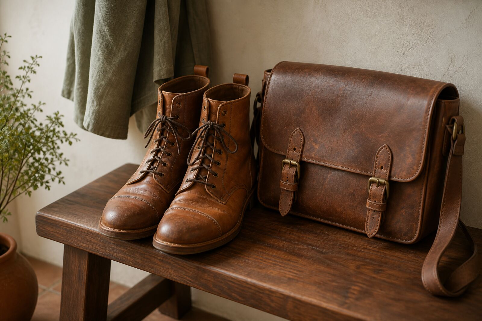 A pair of vegetable-tanned leather boots beside a worn leather satchel on a wooden bench