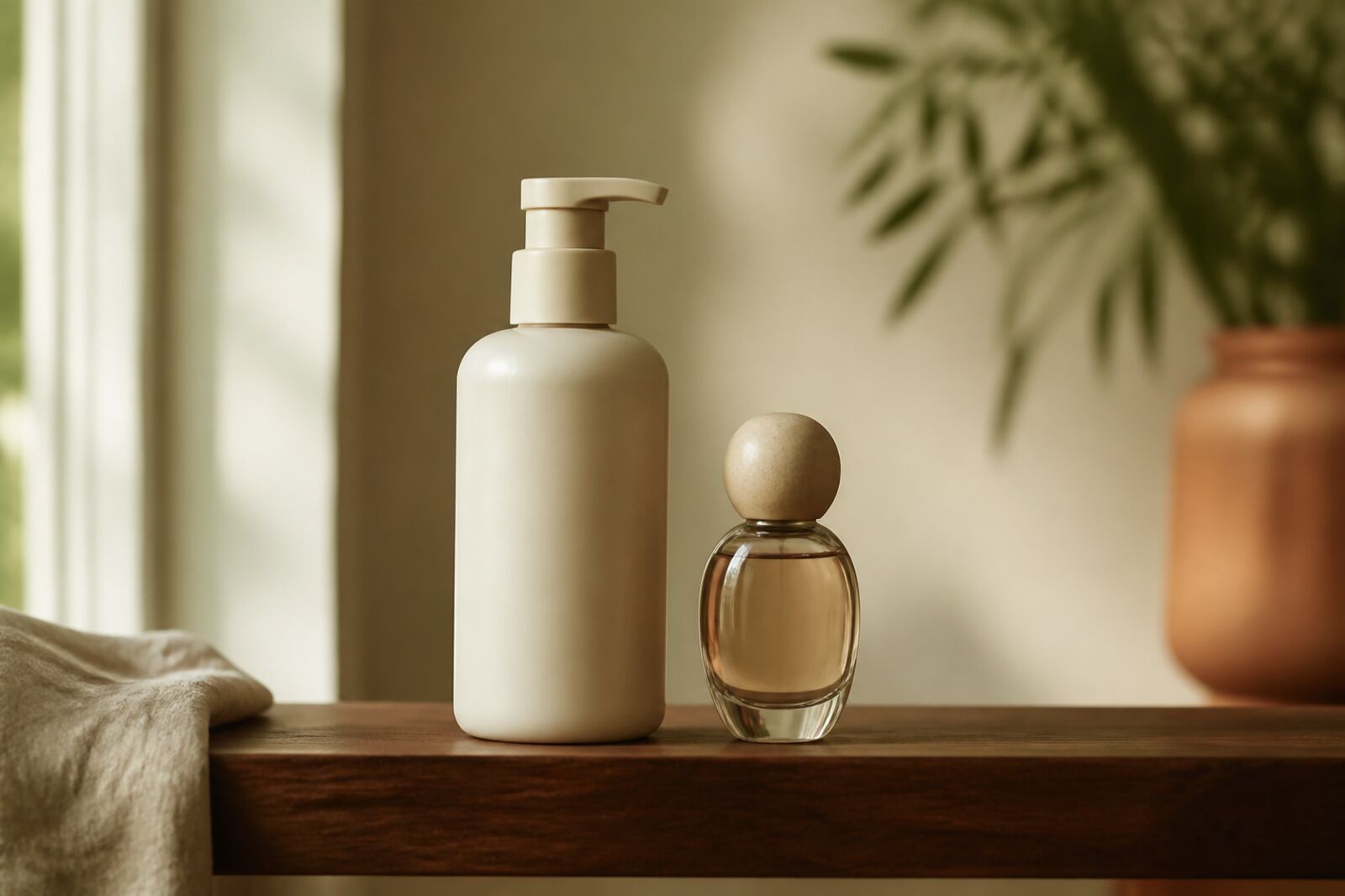 An unlabeled pump bottle of lotion beside a small perfume bottle on a wooden shelf