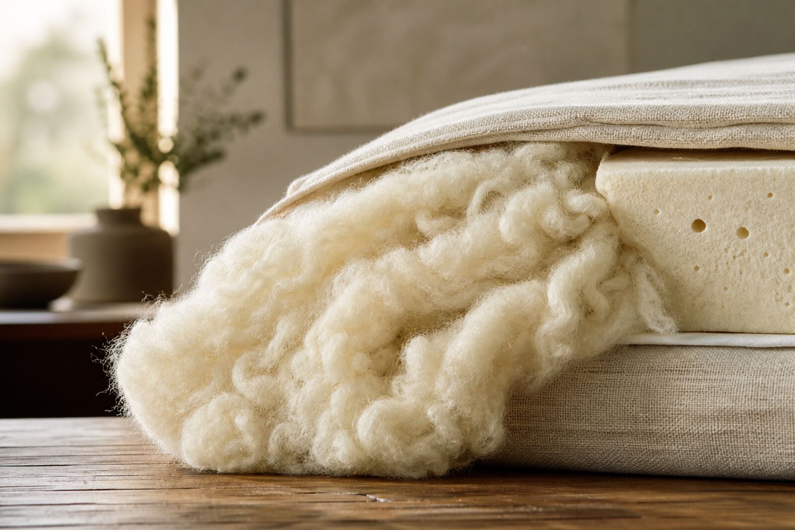 Close-up of natural wool batting texture spilling from a mattress layer sample