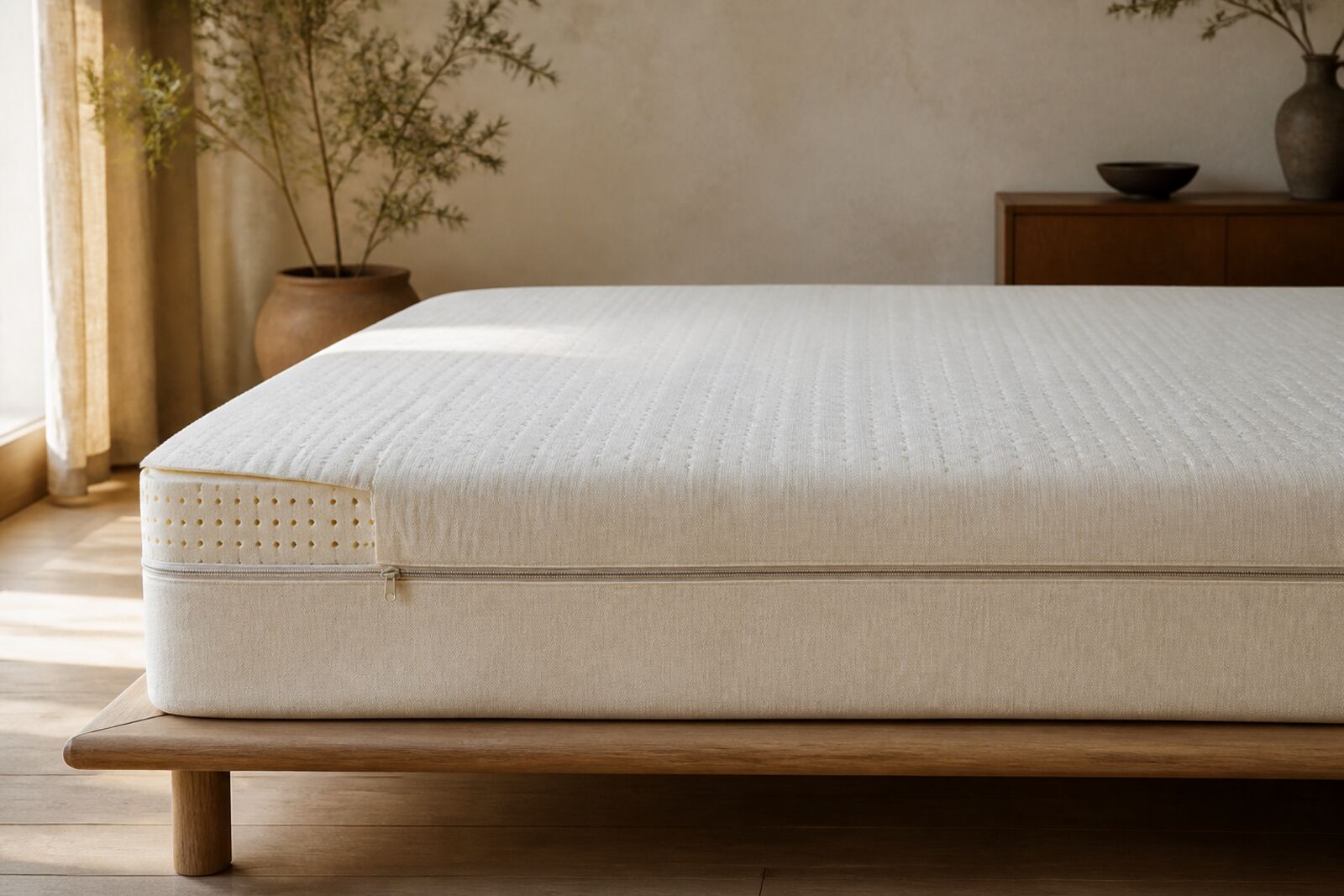 A bare natural latex mattress with a zipped cotton cover in a sunlit bedroom