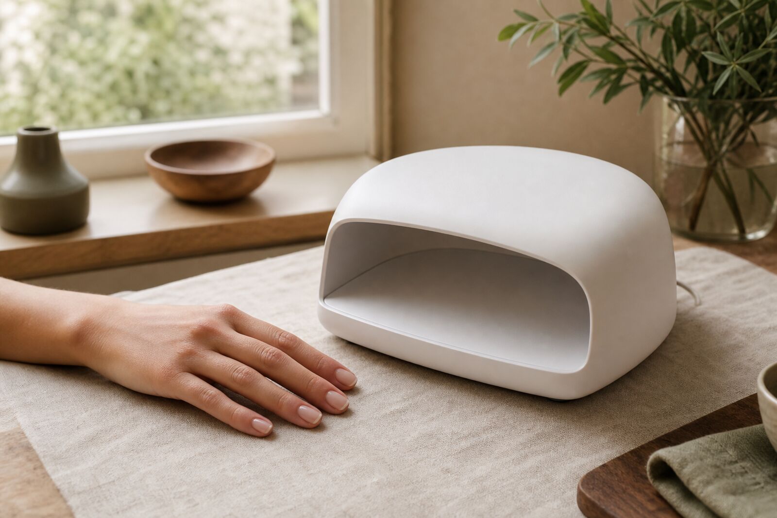 A UV gel lamp on a manicure table with a hand resting beside it