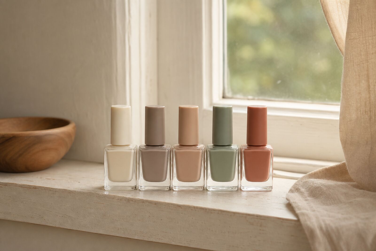 A row of nail polish bottles in muted neutral tones on a windowsill