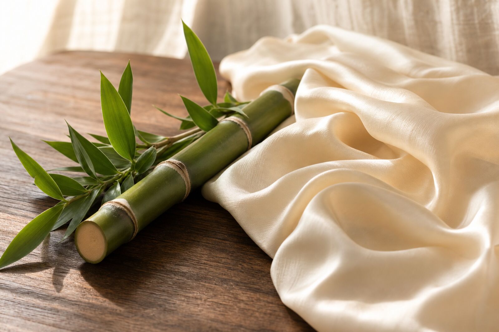 A fresh bamboo stalk lying beside a drape of soft silky rayon fabric