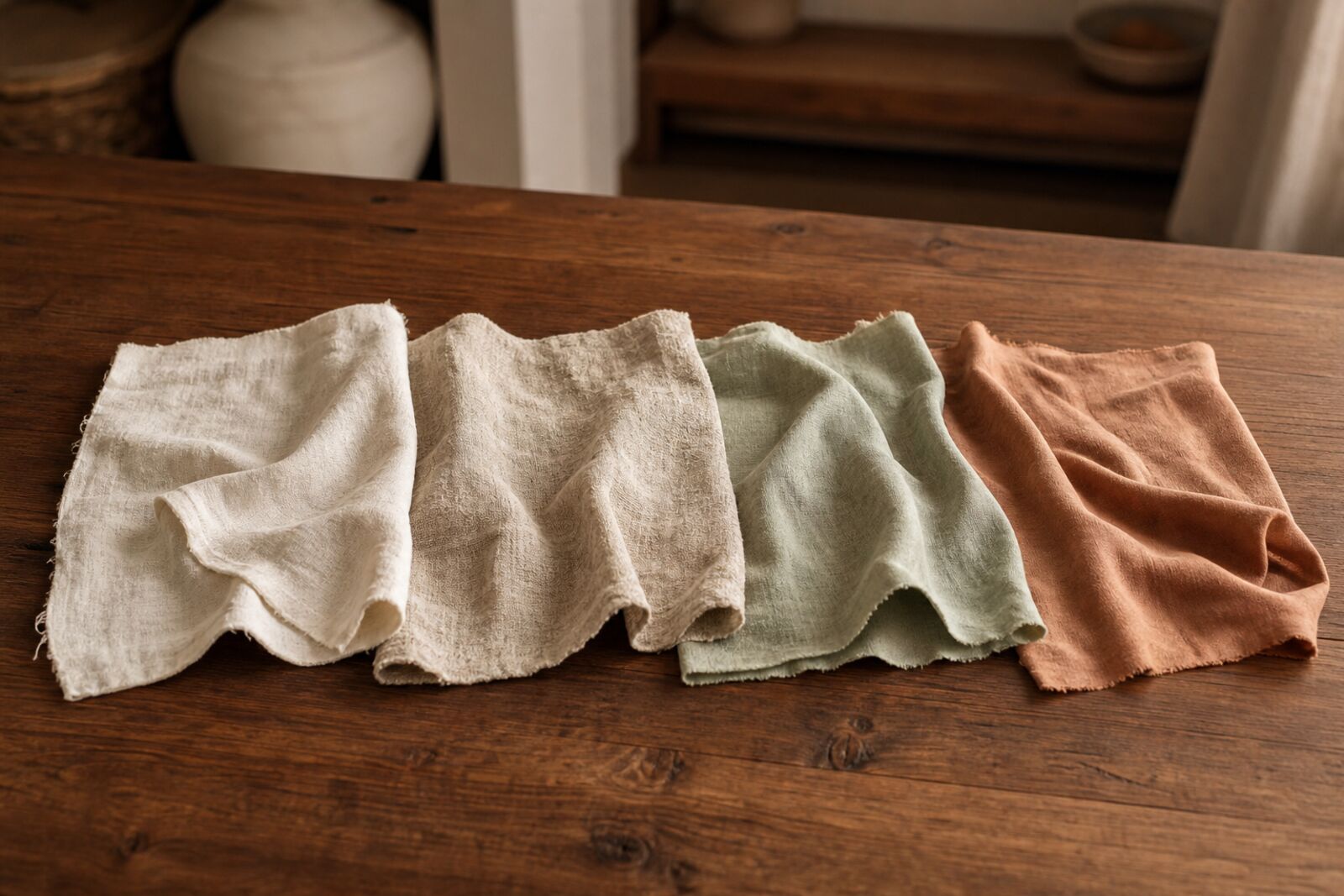 Swatches of linen, hemp, cotton, and lyocell fabric laid out in a labeled-free row on wood