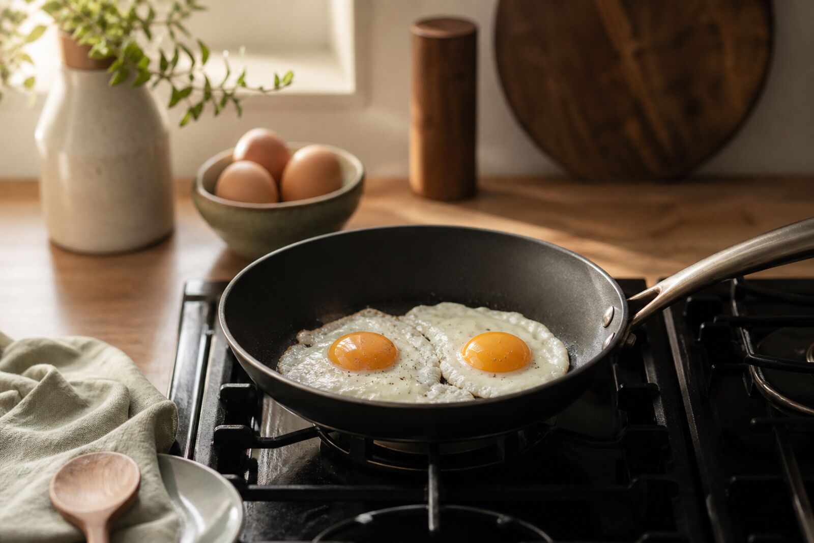 A modern nonstick frying pan with two eggs cooking on a stovetop in soft morning light