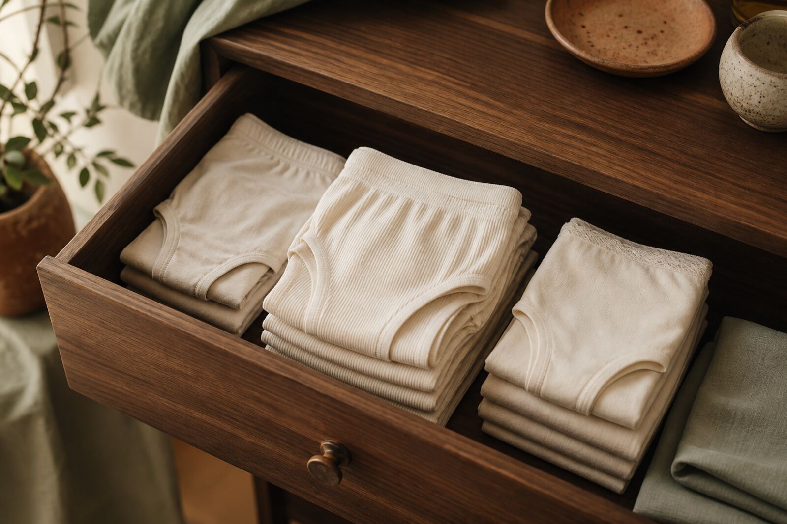 Neatly folded stacks of undyed organic cotton underwear in an open drawer