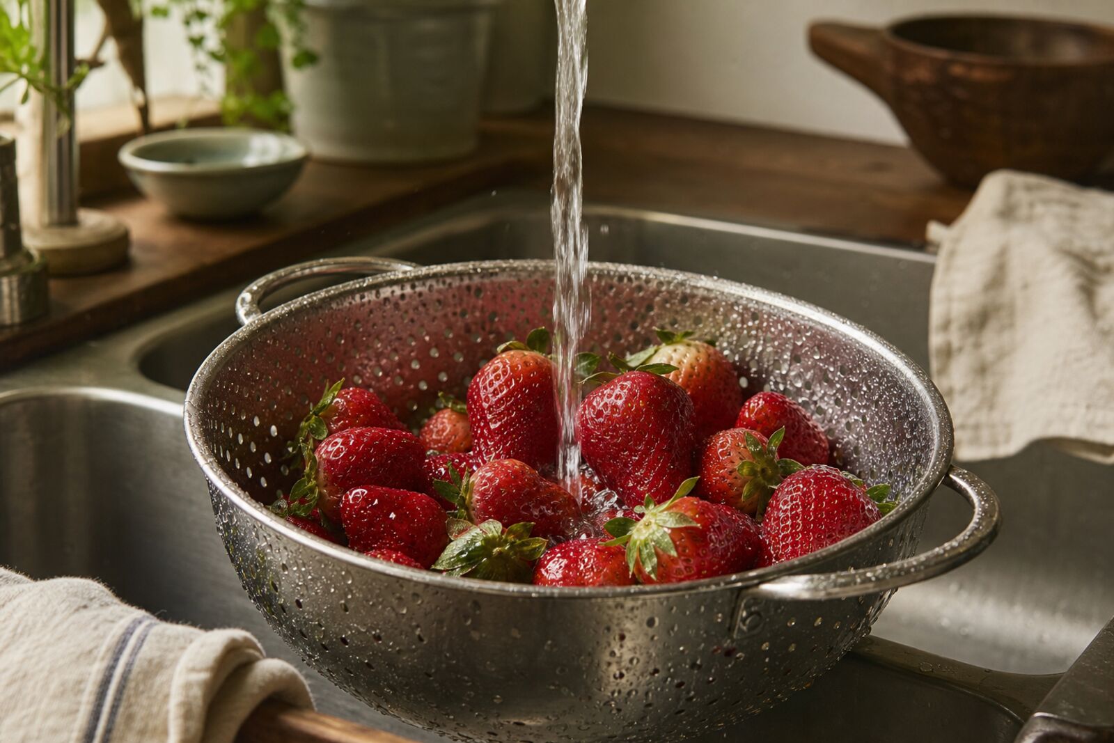 Strawberries being rinsed in a colander under running water
