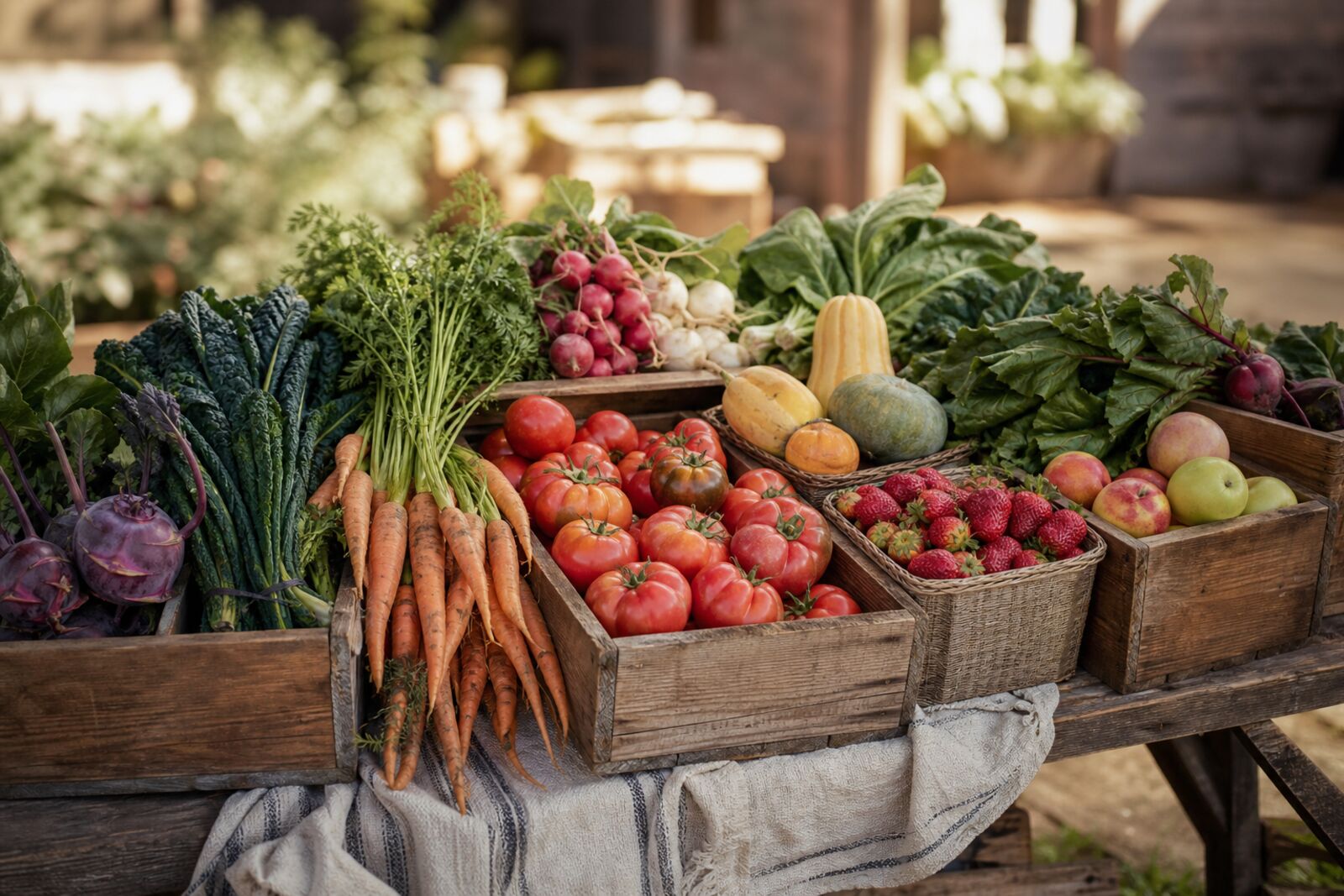 A farmers market table piled with mixed vegetables and fruit in crates