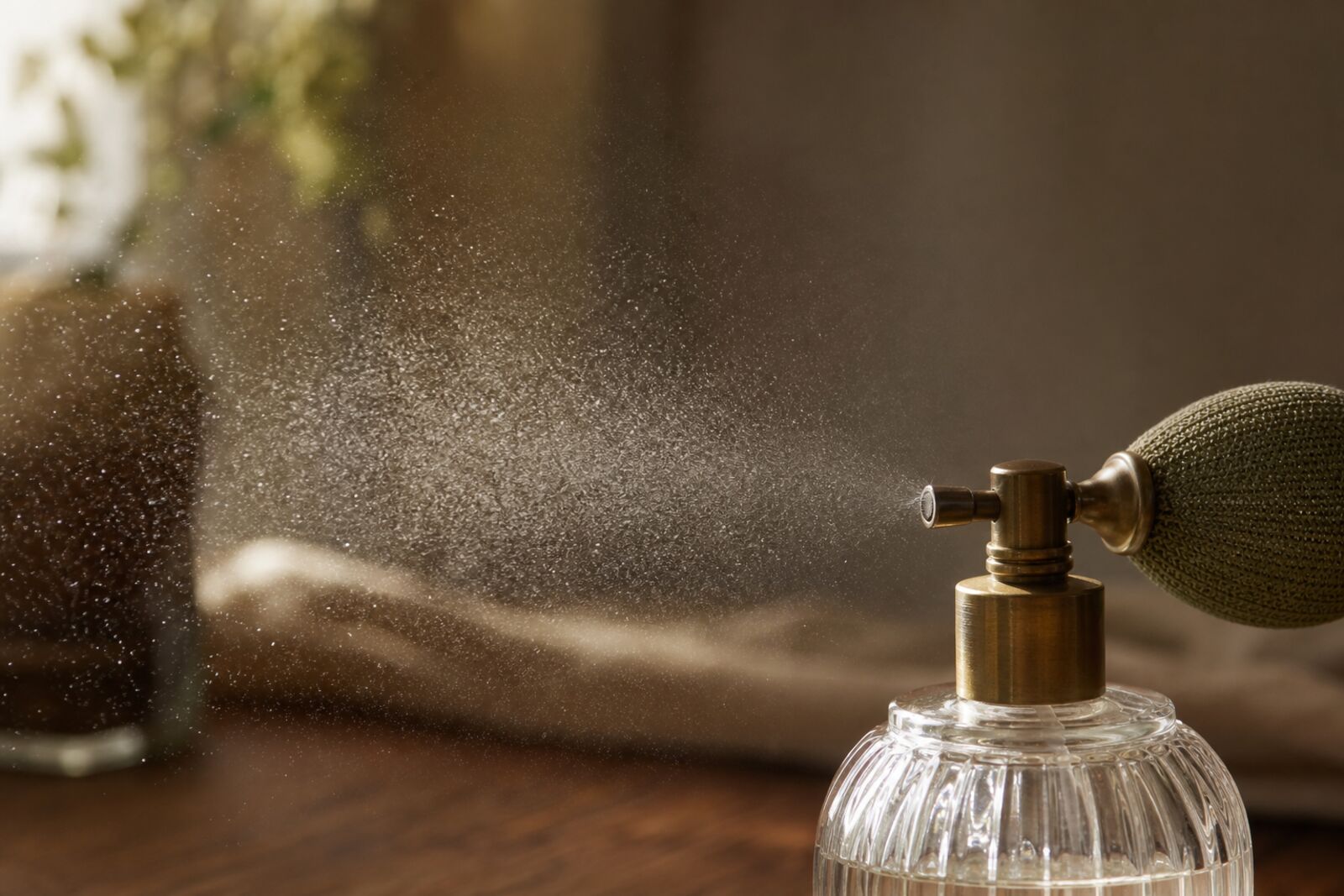 A fine mist from a perfume atomizer caught in backlight, macro