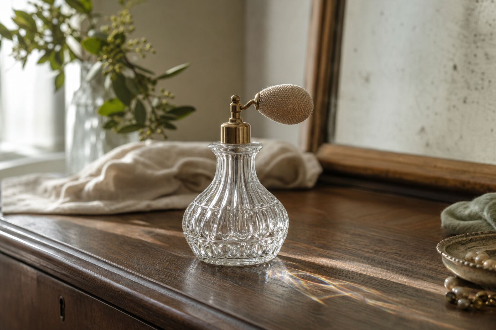 A vintage-style glass perfume bottle catching window light on a dresser
