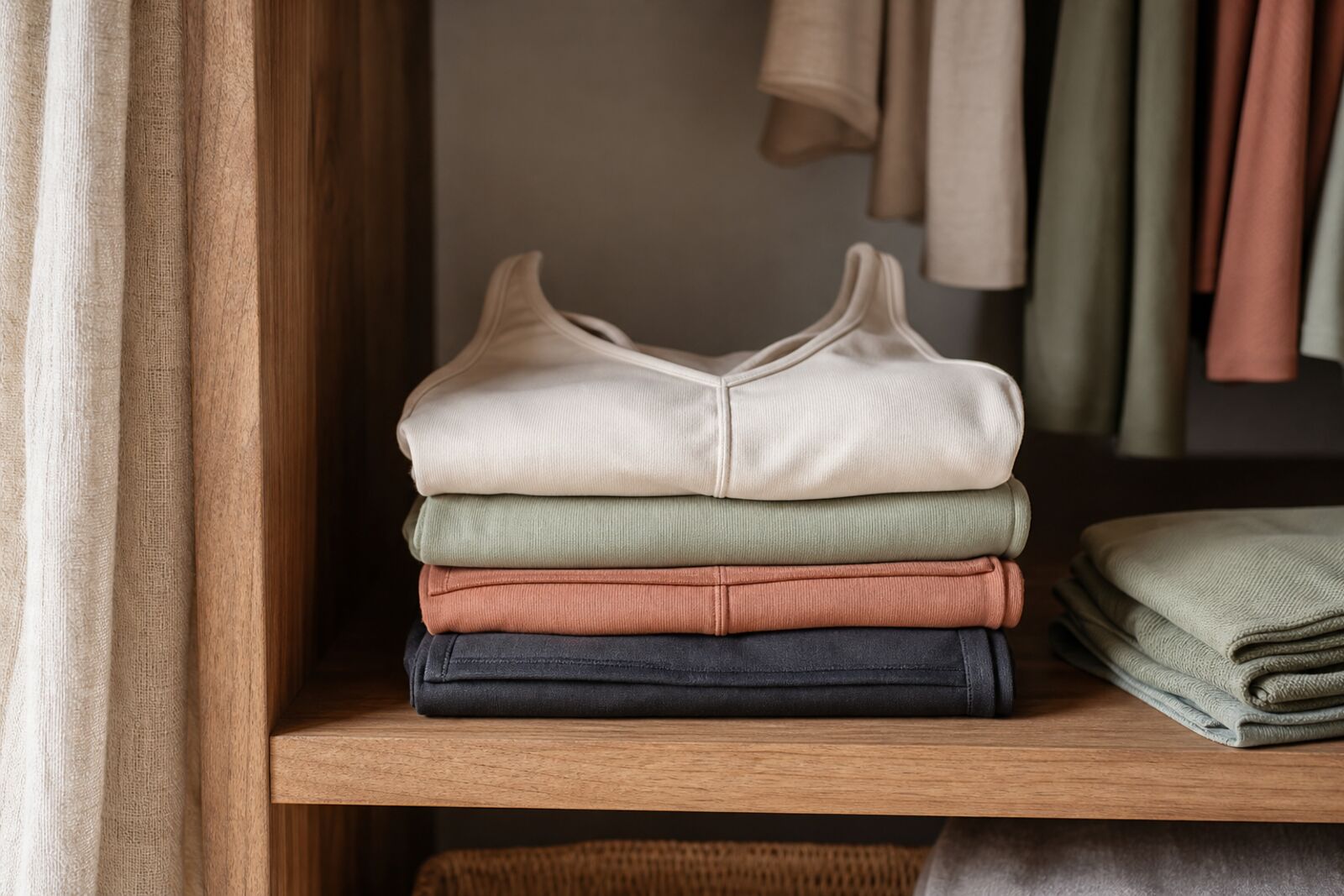 Folded sports bras and leggings in muted tones on a closet shelf