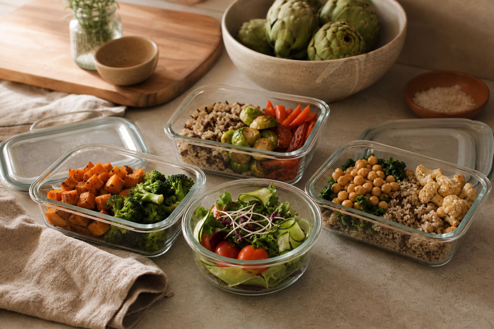 Glass meal-prep containers with fresh food, lids off, on a kitchen counter