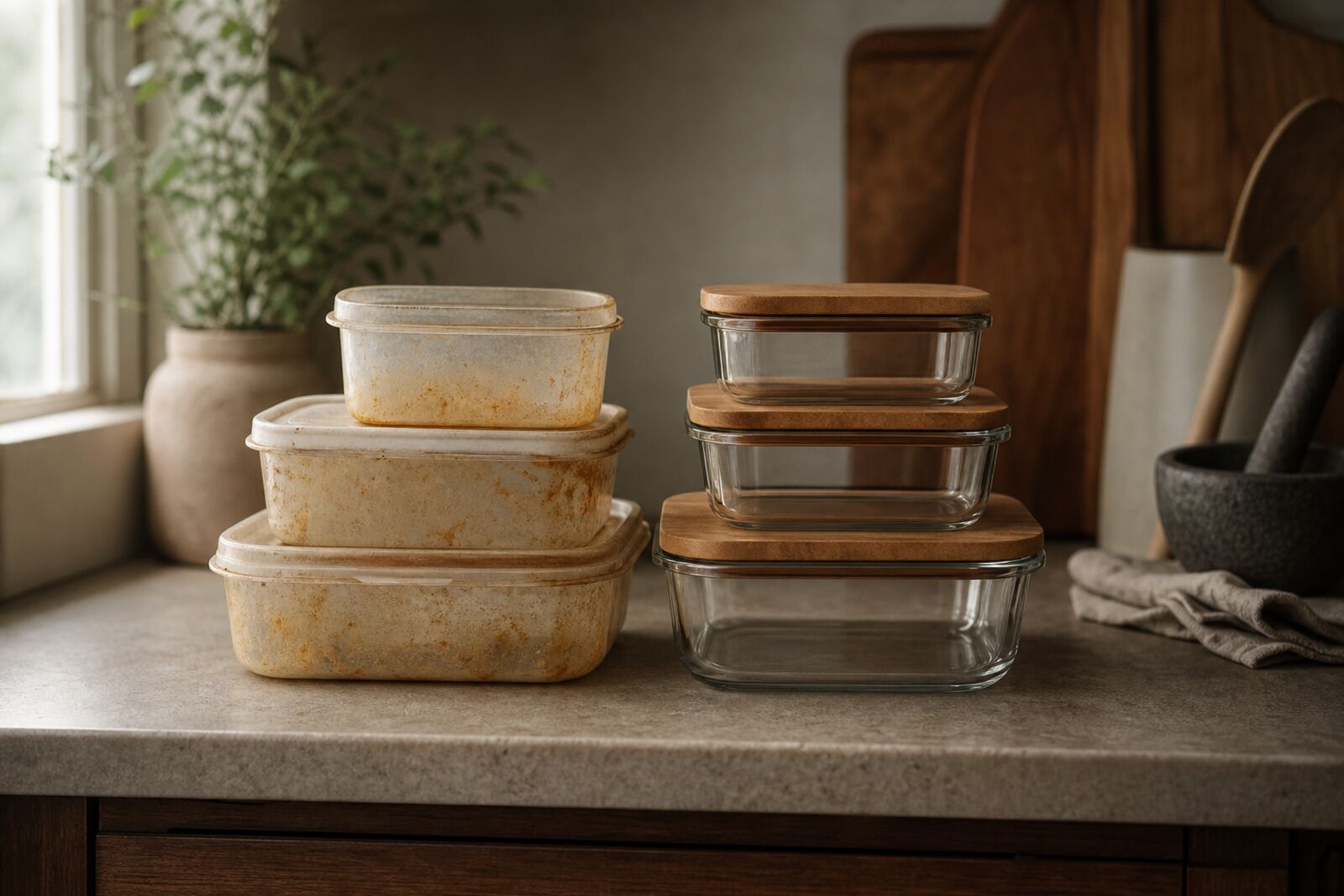 A stack of aged, stained plastic food containers next to new glass containers with wooden lids