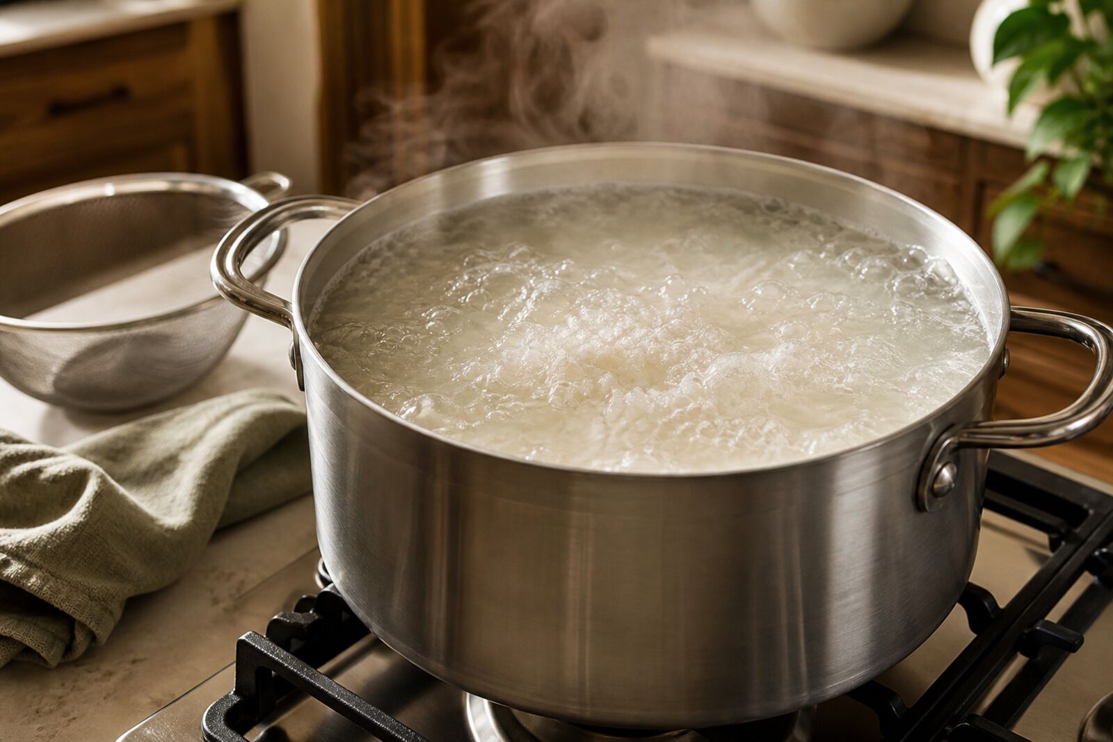 Rice boiling in a large pot of water like pasta, steam rising