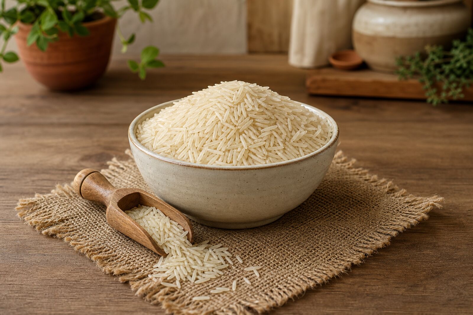 Uncooked basmati rice in a ceramic bowl with a wooden scoop, burlap beneath