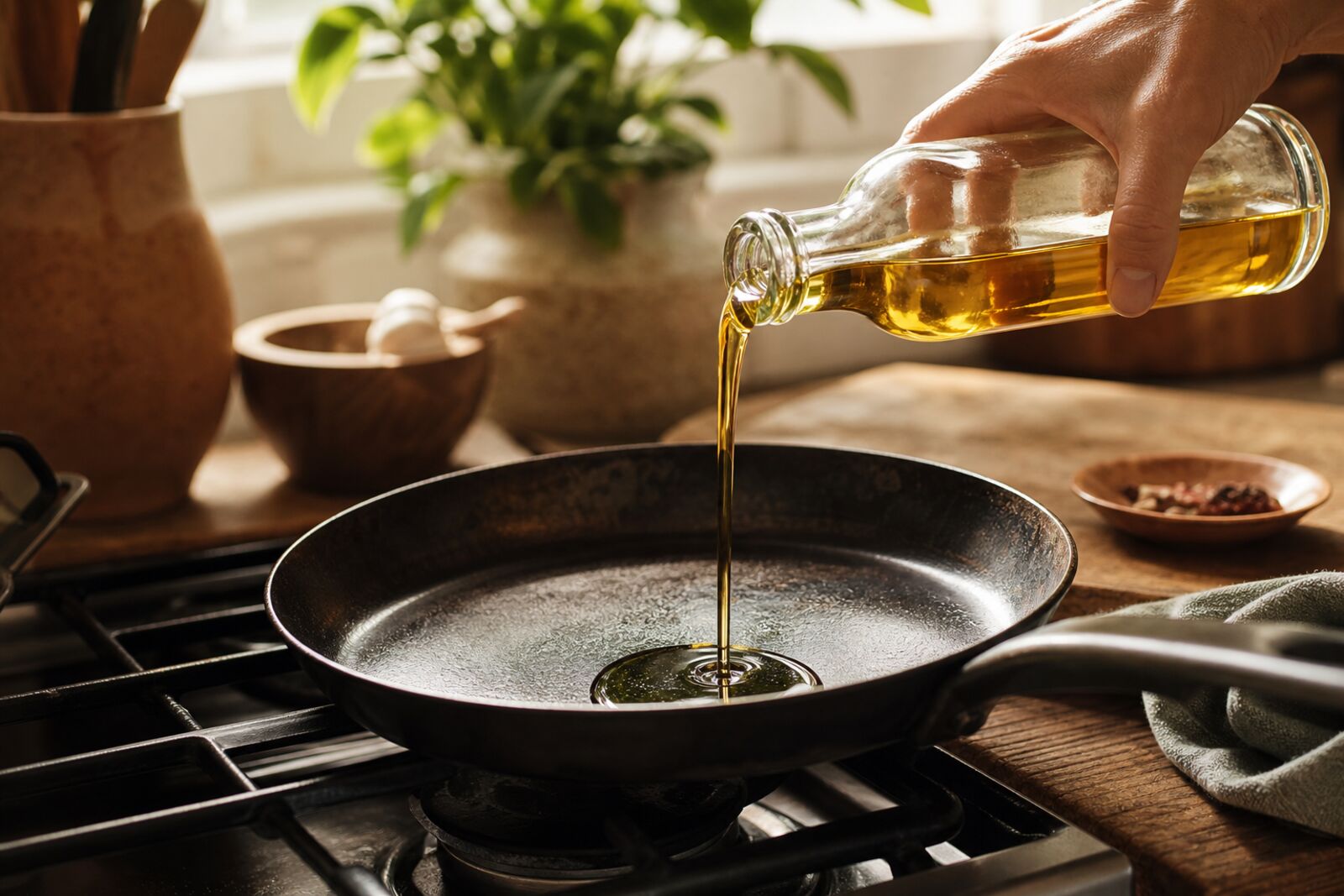 Oil being poured from a glass bottle into a skillet, warm backlight