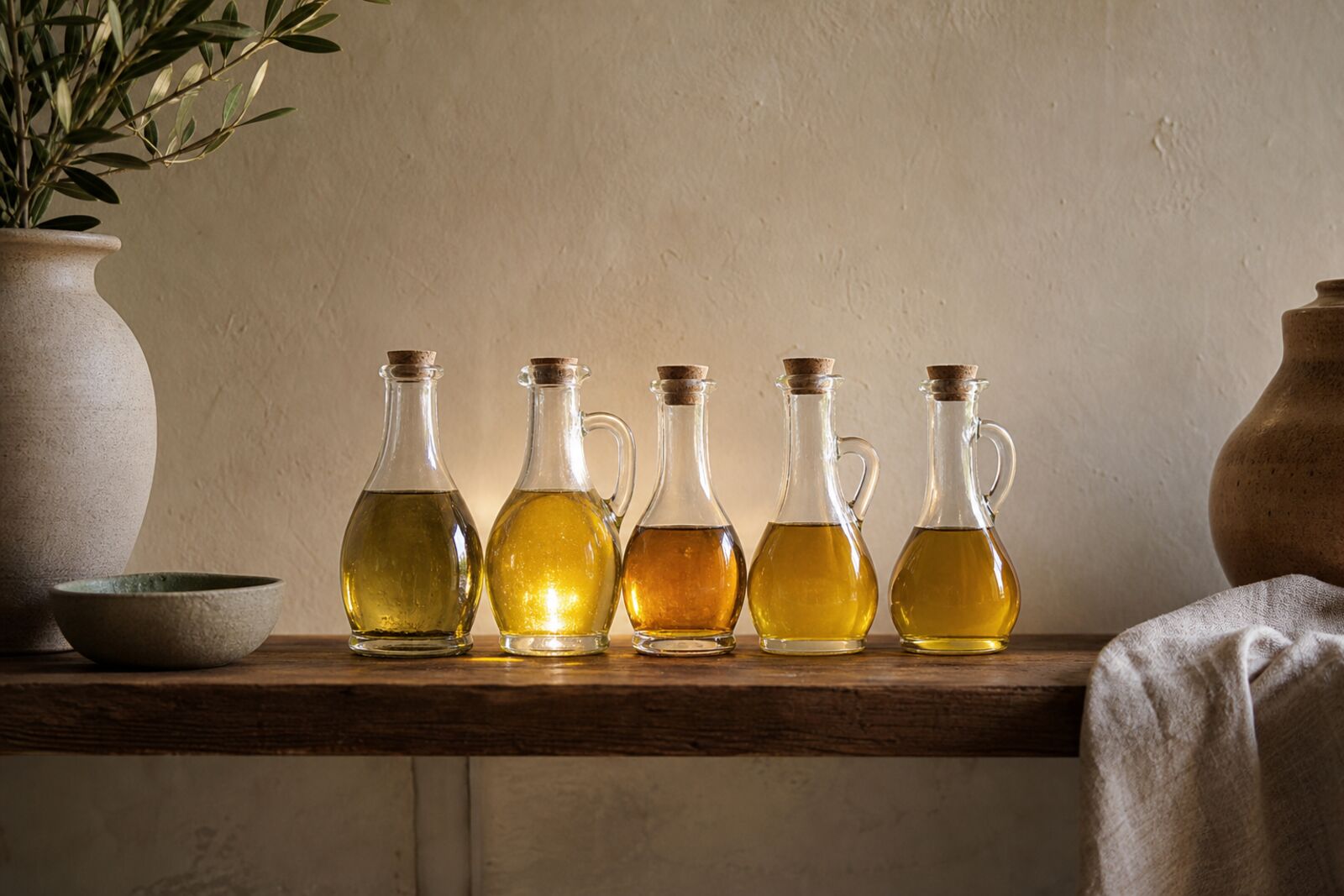 Glass cruets of golden cooking oils lined up on a kitchen shelf, backlit