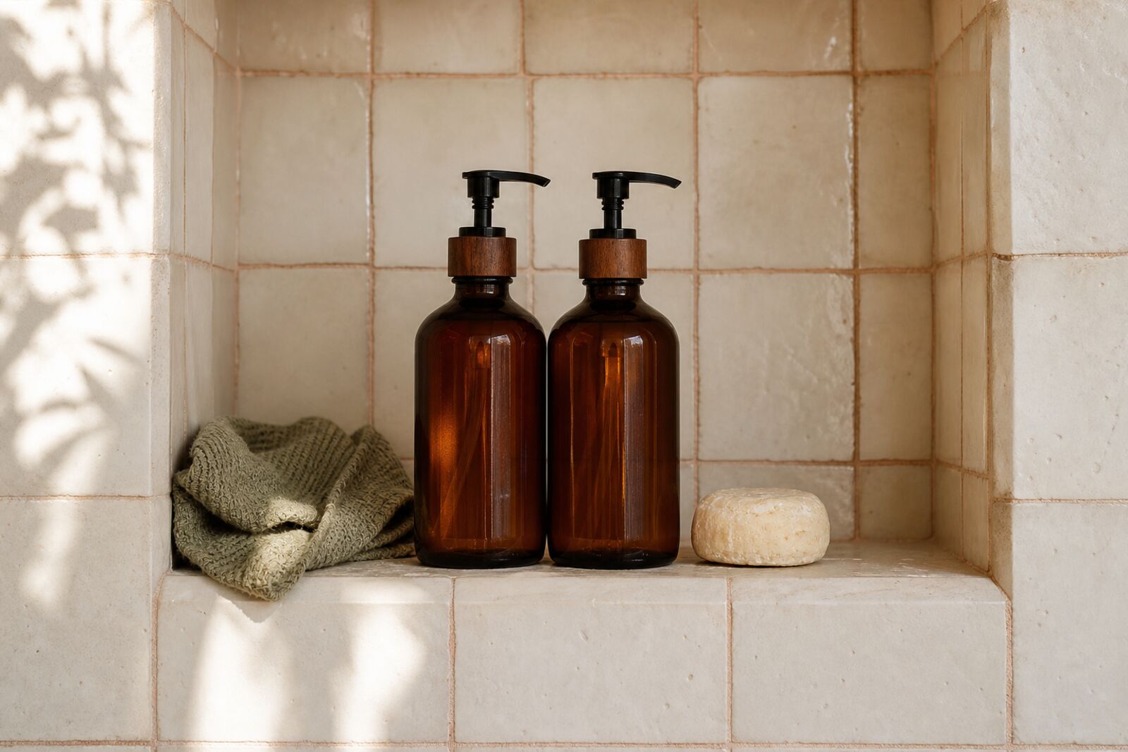 Amber refill bottles and a shampoo bar in a tiled shower niche