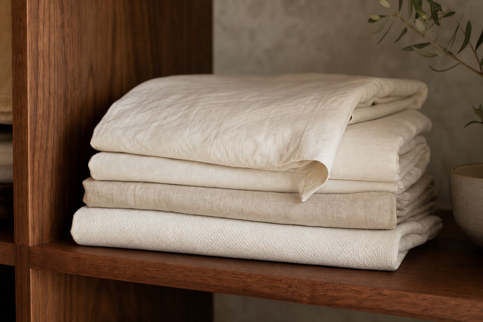 A folded stack of cream organic cotton sheets on a wooden shelf