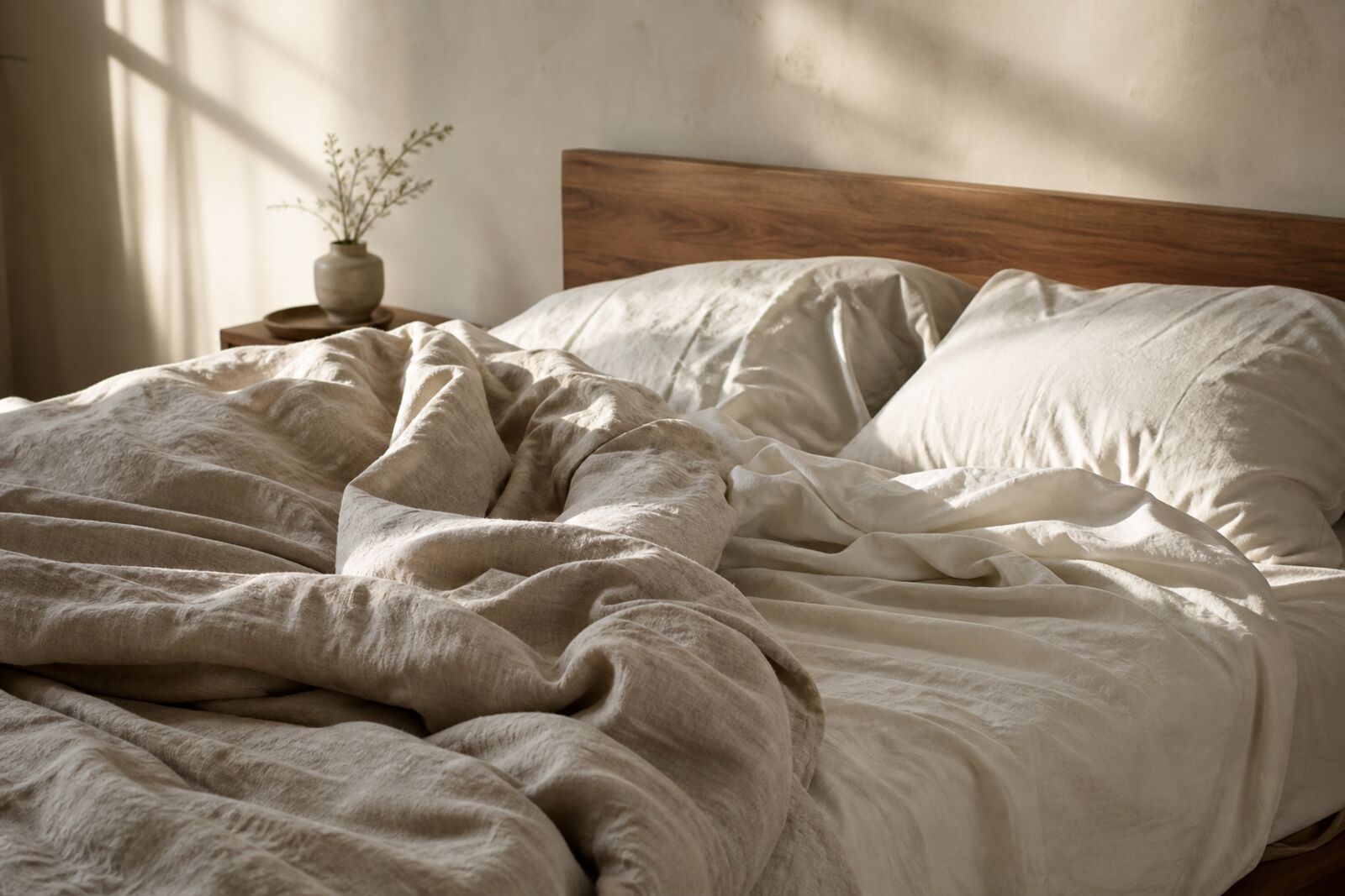 Rumpled undyed linen and cotton bedding in soft morning light