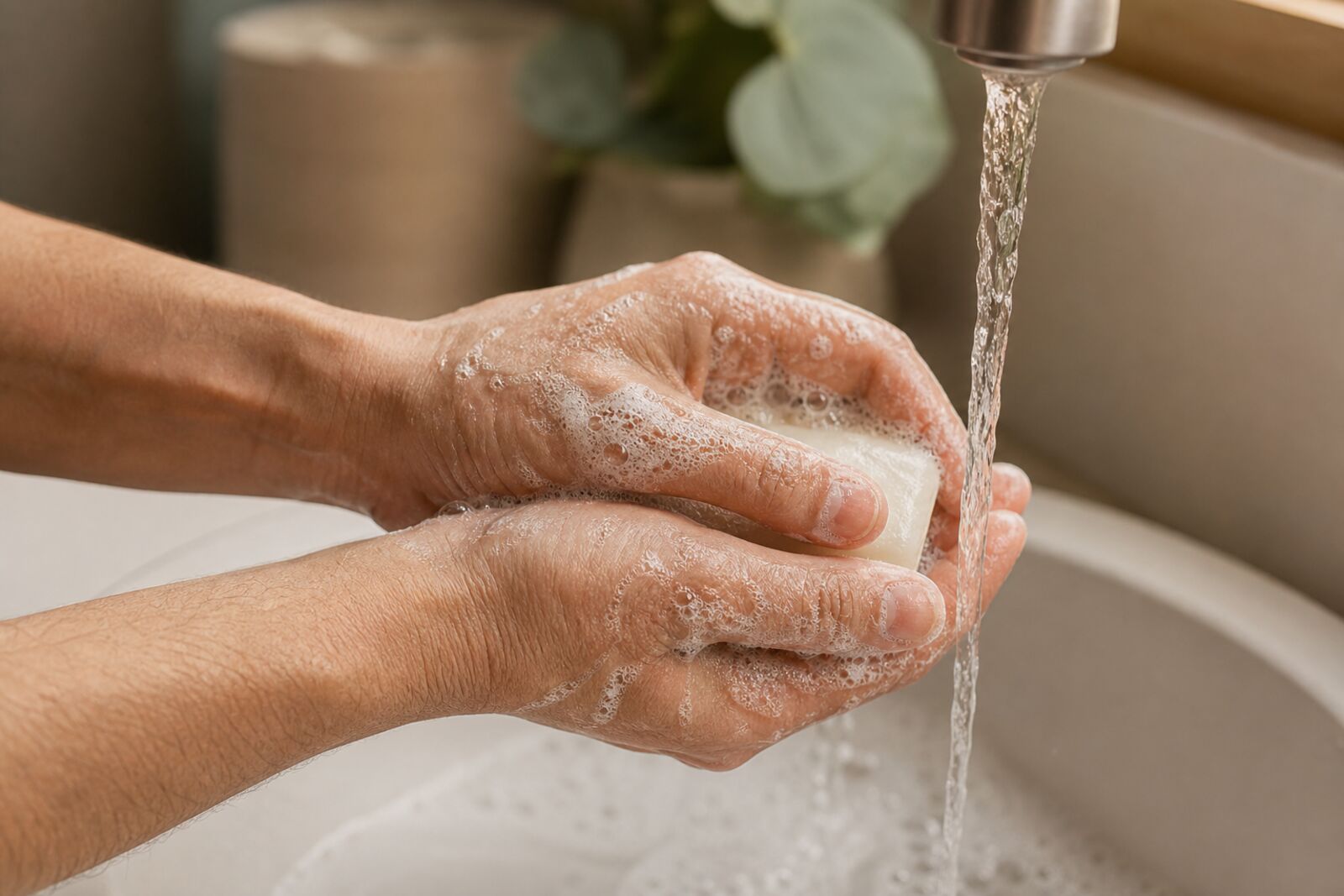 Hands lathering with soap under running water, close-up