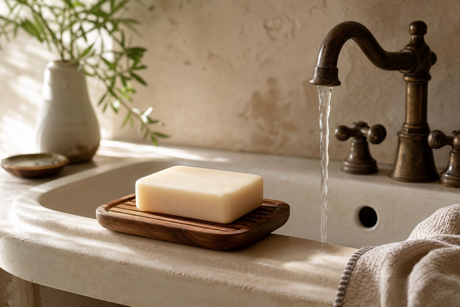 A plain cream bar of soap on a wooden soap dish beside a running faucet