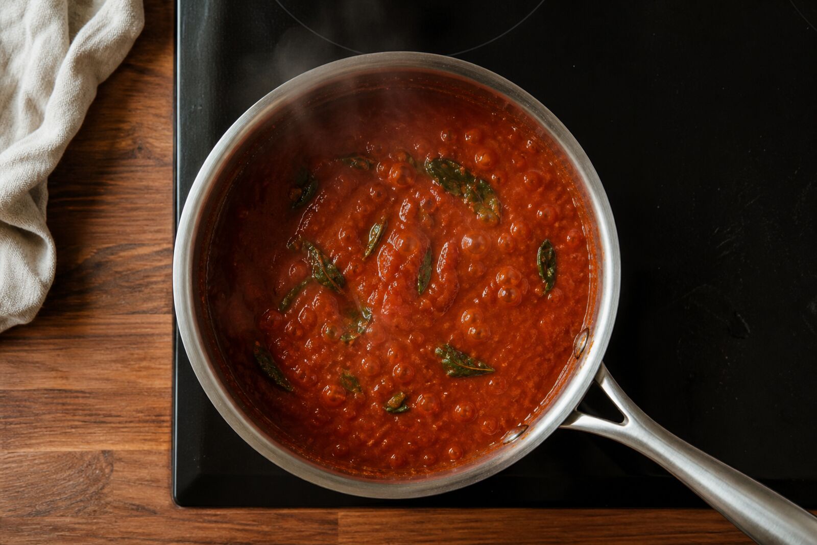 Tomato sauce simmering in a stainless steel saucepan, overhead shot