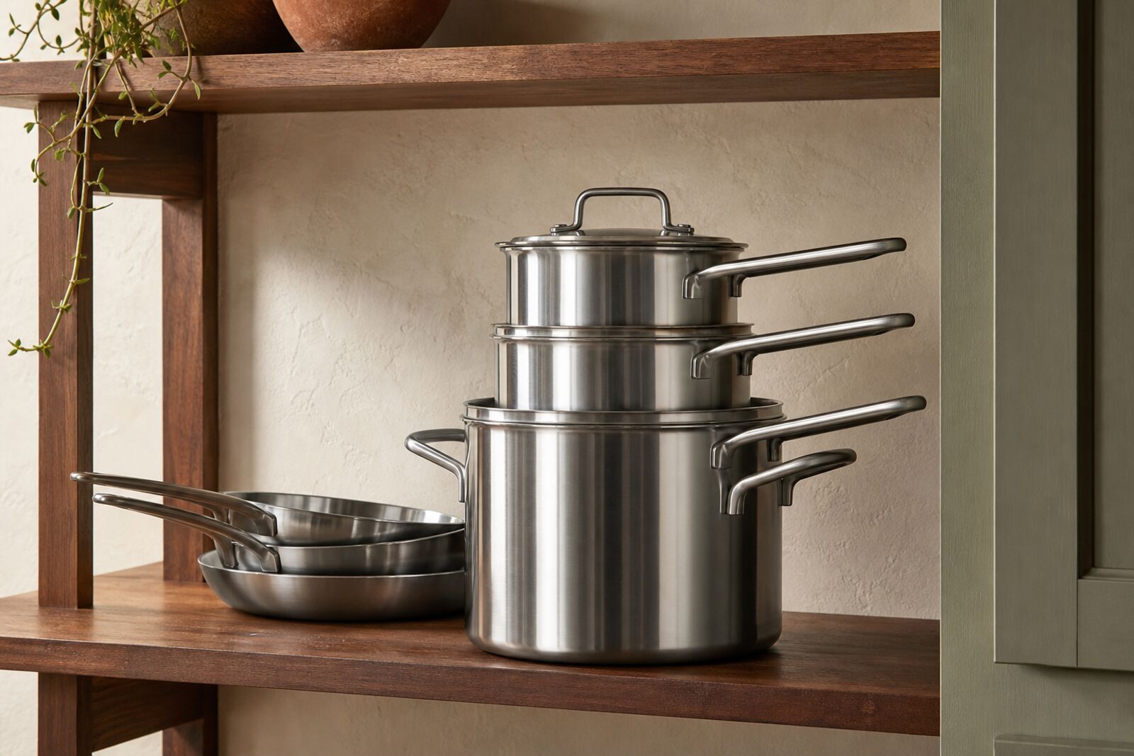Polished stainless steel pots and pans stacked on open kitchen shelving