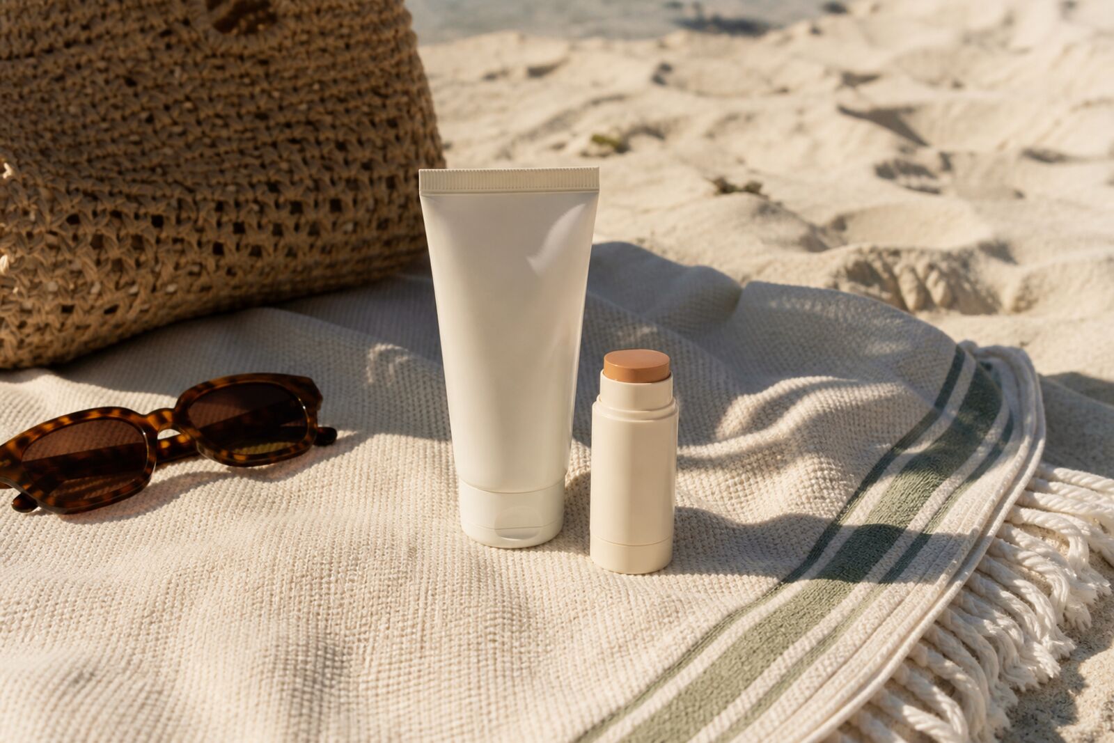 An unlabeled sunscreen tube and mineral stick on a beach towel with sunglasses, bright sun