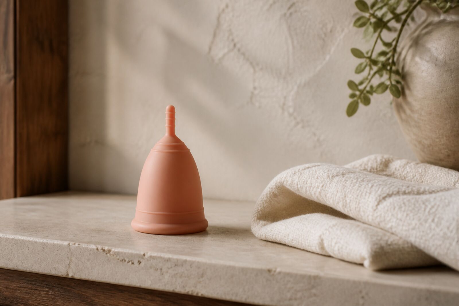 A silicone menstrual cup on a bathroom shelf in soft light