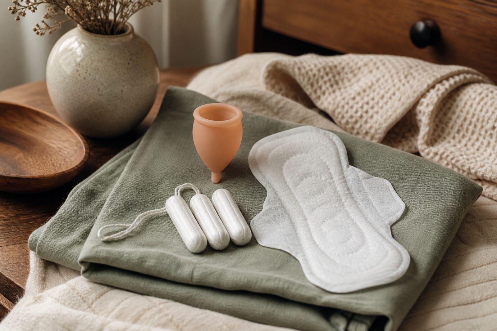 Tampons, pads, and a menstrual cup arranged neatly on a soft folded cloth