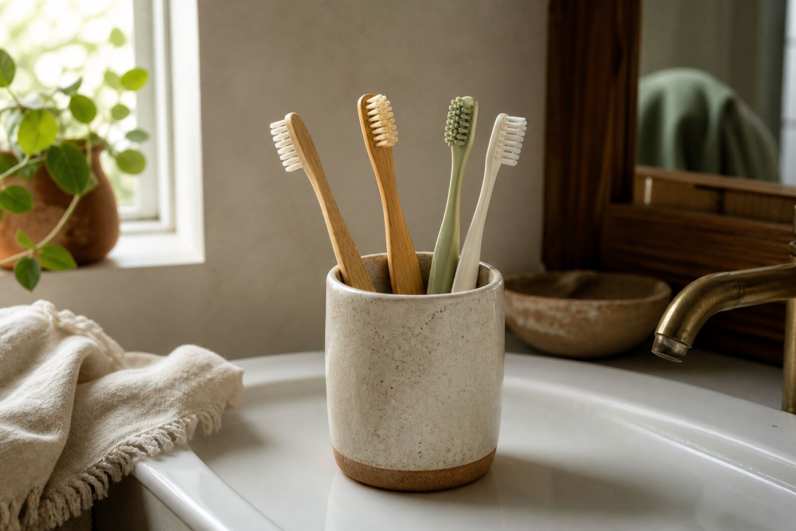 A ceramic cup holding bamboo and plastic toothbrushes on a bathroom sink