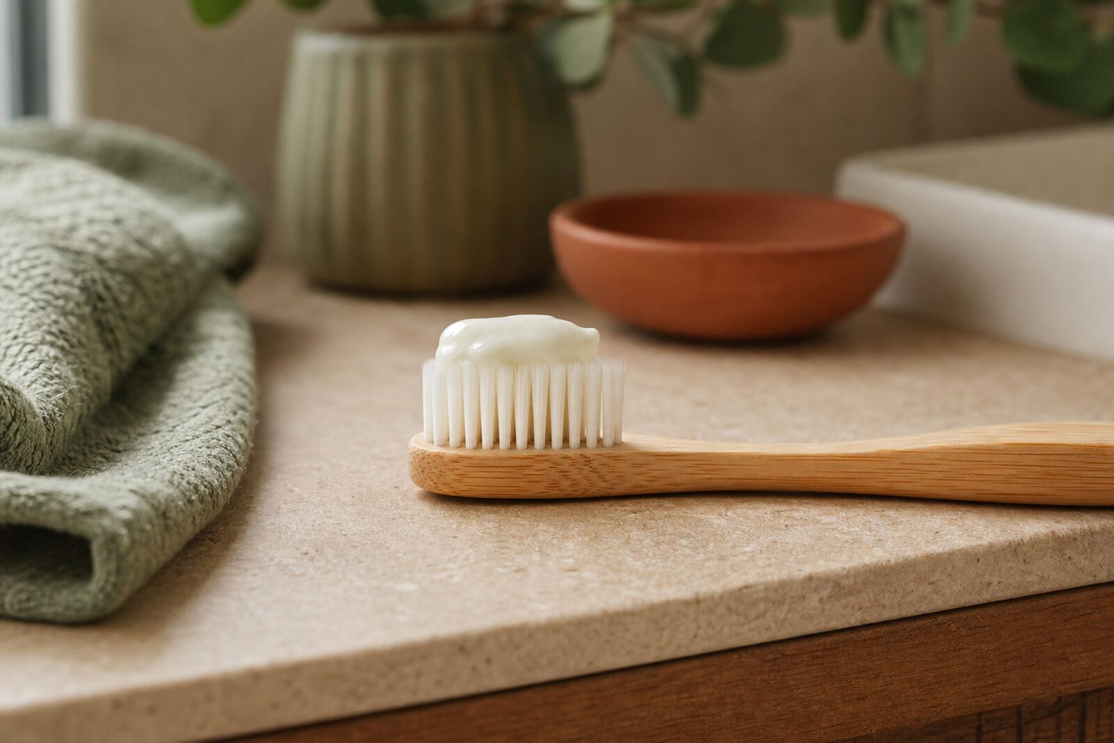 A dab of toothpaste on a bamboo toothbrush resting on a bathroom counter