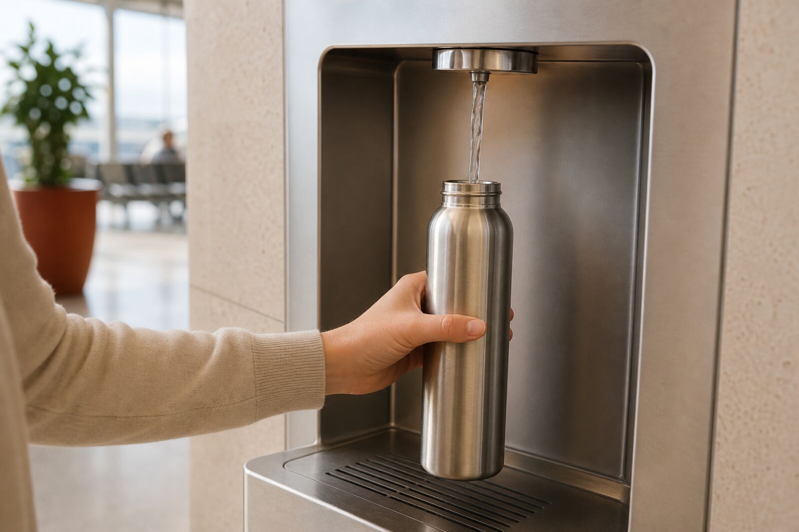 A bottle being filled at an airport water refill station