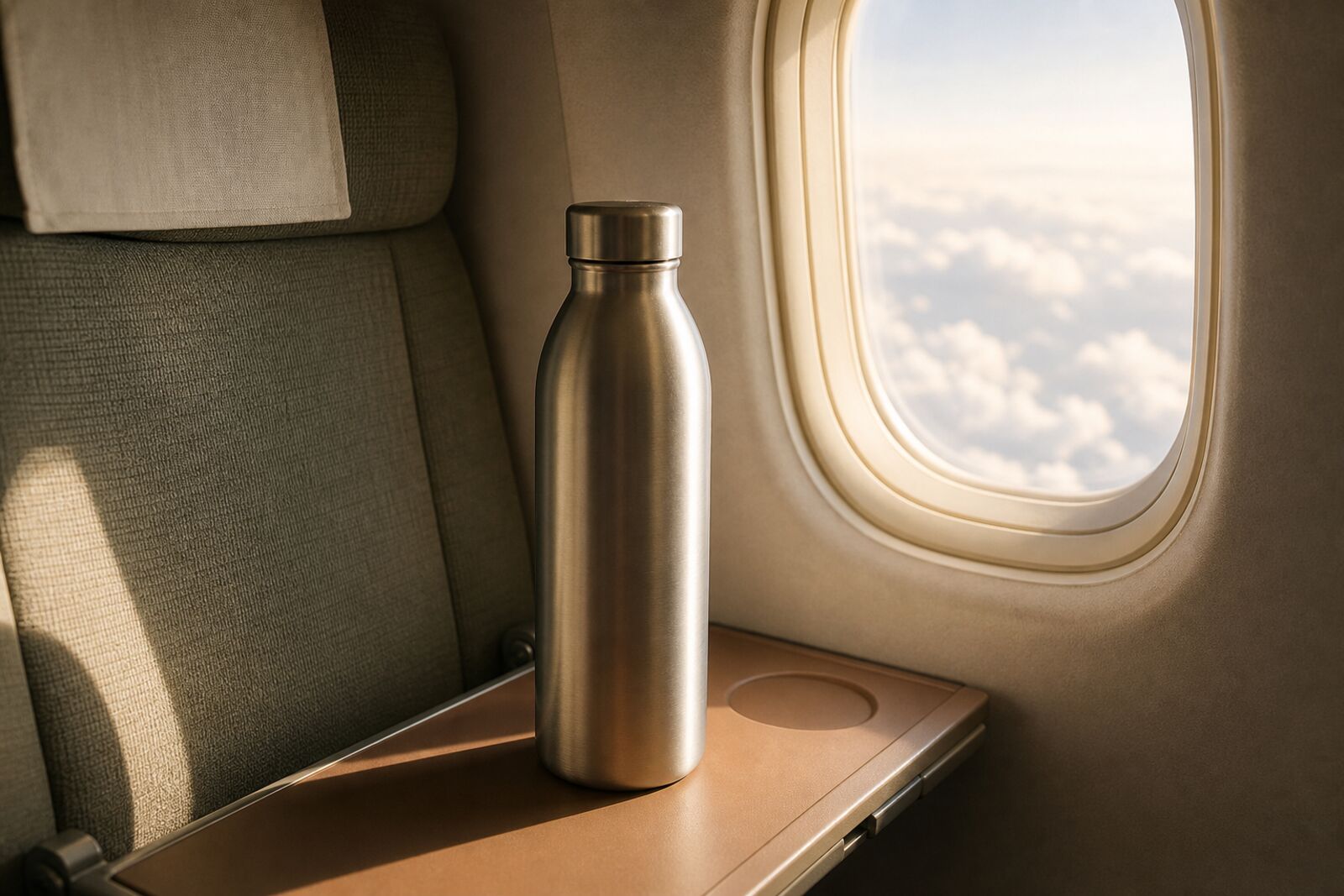 A refillable steel water bottle on an airplane tray table beside the window