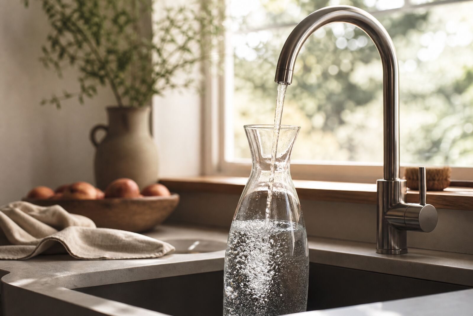A faucet filling a glass carafe, backlit by a kitchen window