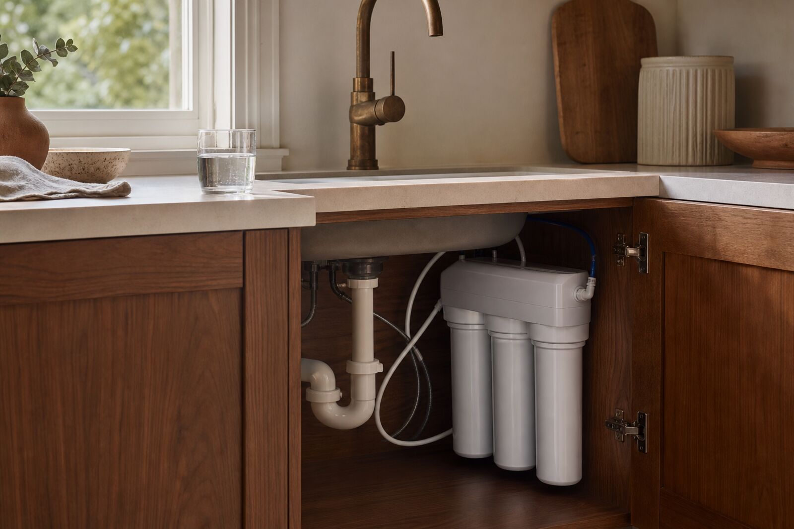 A glass of clear water on a counter beside an under-sink filter unit with the cabinet open