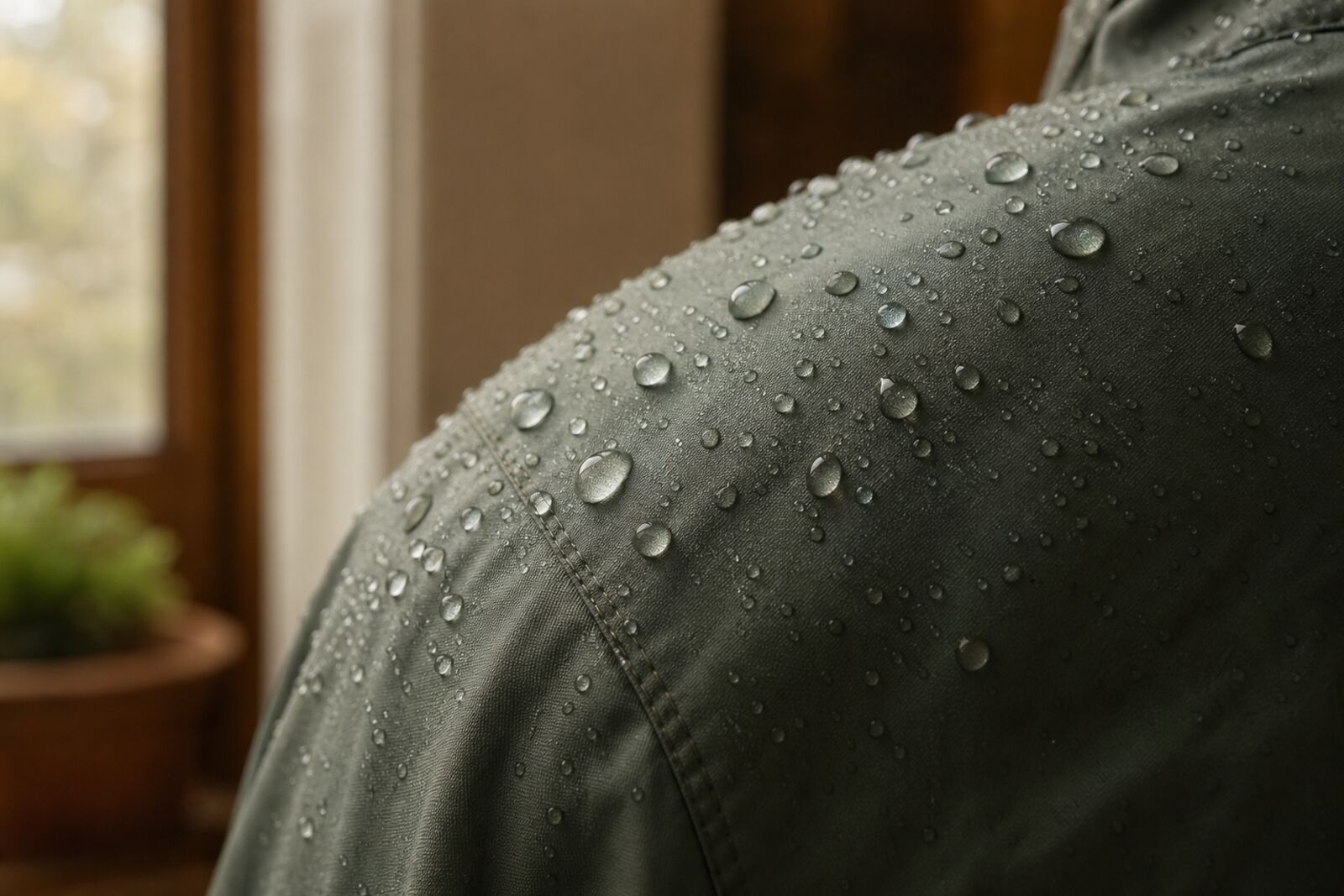 Rain beading on a jacket shoulder, macro shot