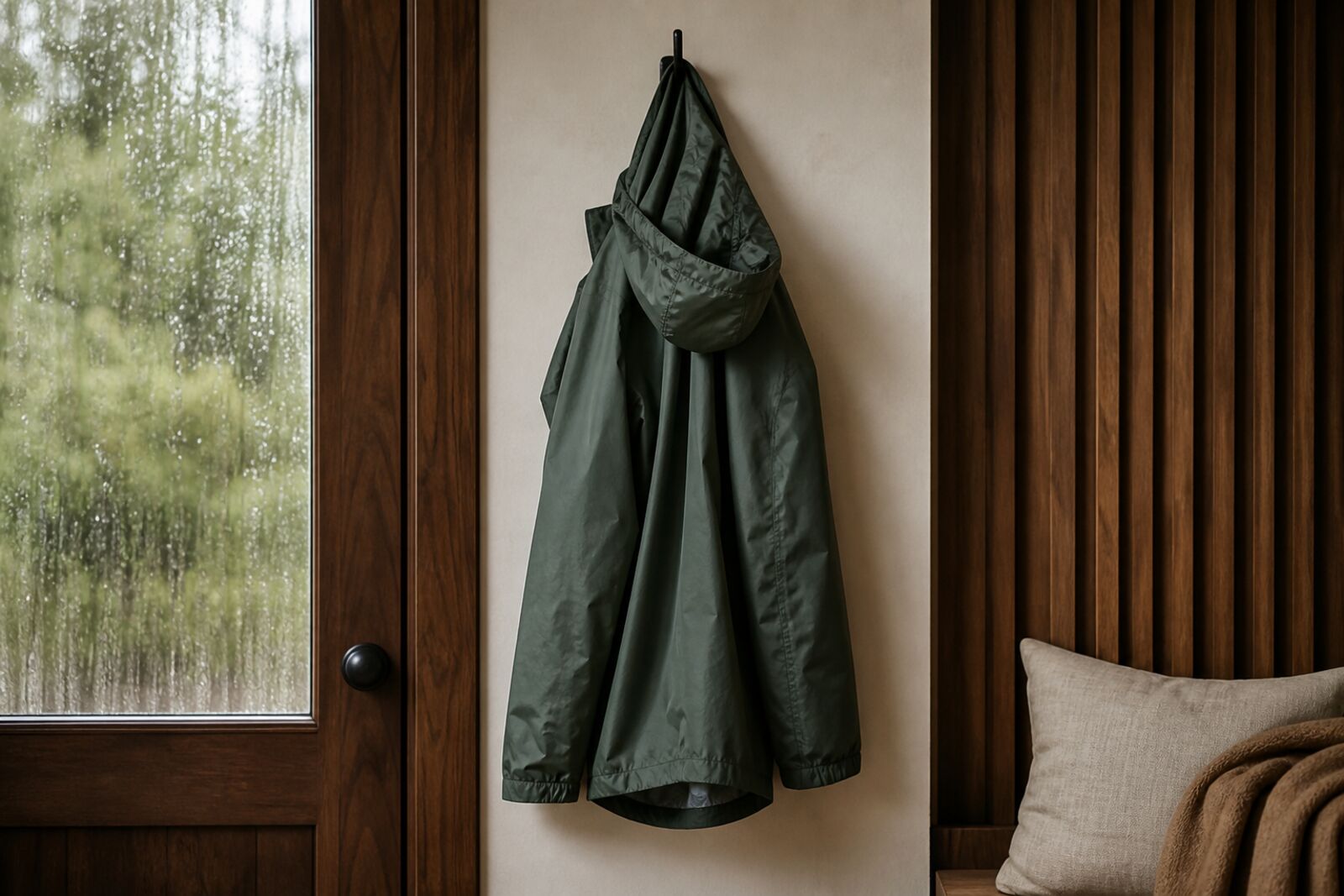 A rain jacket hanging on a wall hook by a door, rain visible through the window