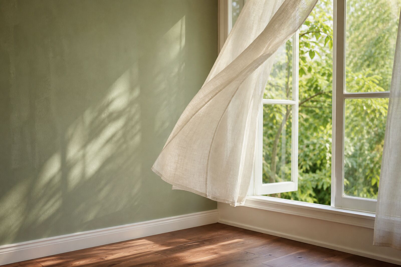 A freshly painted wall drying beside an open window with a sheer curtain moving