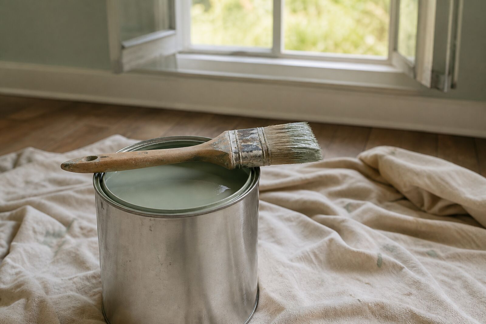 An open can of soft sage paint with a brush resting across it, drop cloths and an open window behind