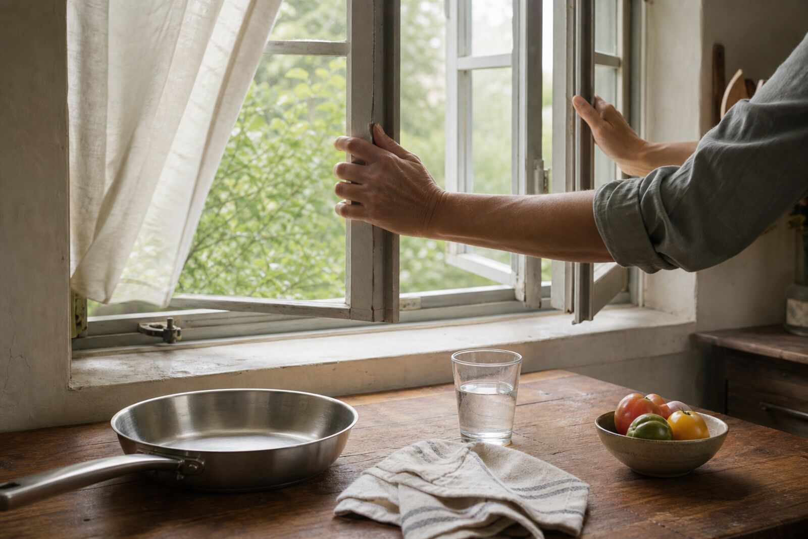 A person opens a kitchen window above a wooden counter with a skillet, a glass of water, a folded towel, and a bowl of fresh produce